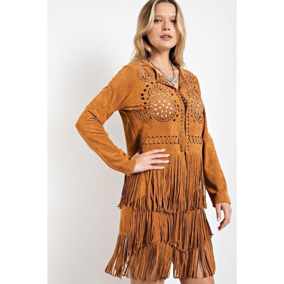 easel Jackets & Coats Easel Camel Faux Suede Rounded Neckline